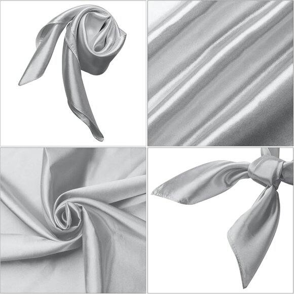 Women's Grey Silk Feeling Scarf 23.6'' Square Satin Scarf Neck Head Bandana - Picture 4 of 7